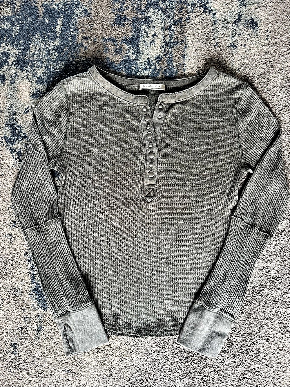 Free People We The Free Gray/Green Thermal Snap Henley Top XL